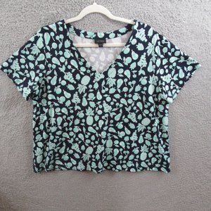 J. Jill Womens Shirt Extra Large Petite Black Fruit Short Sleeve V Neck Stretch